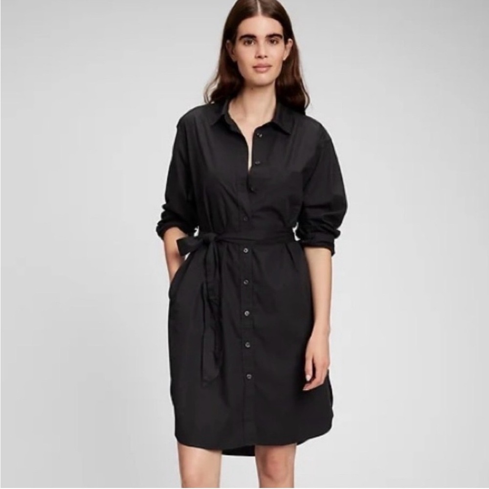 NEW Gap Belted Long Sleeve Shirt Dress Women’s Medium Tall Black Collared Button